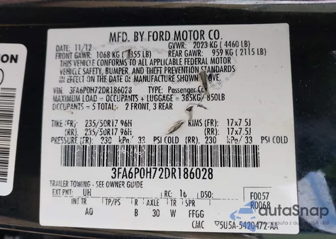 2013 Ford Fusion Se из США, поврежденный, VIN 3FA6P0H72DR186028
